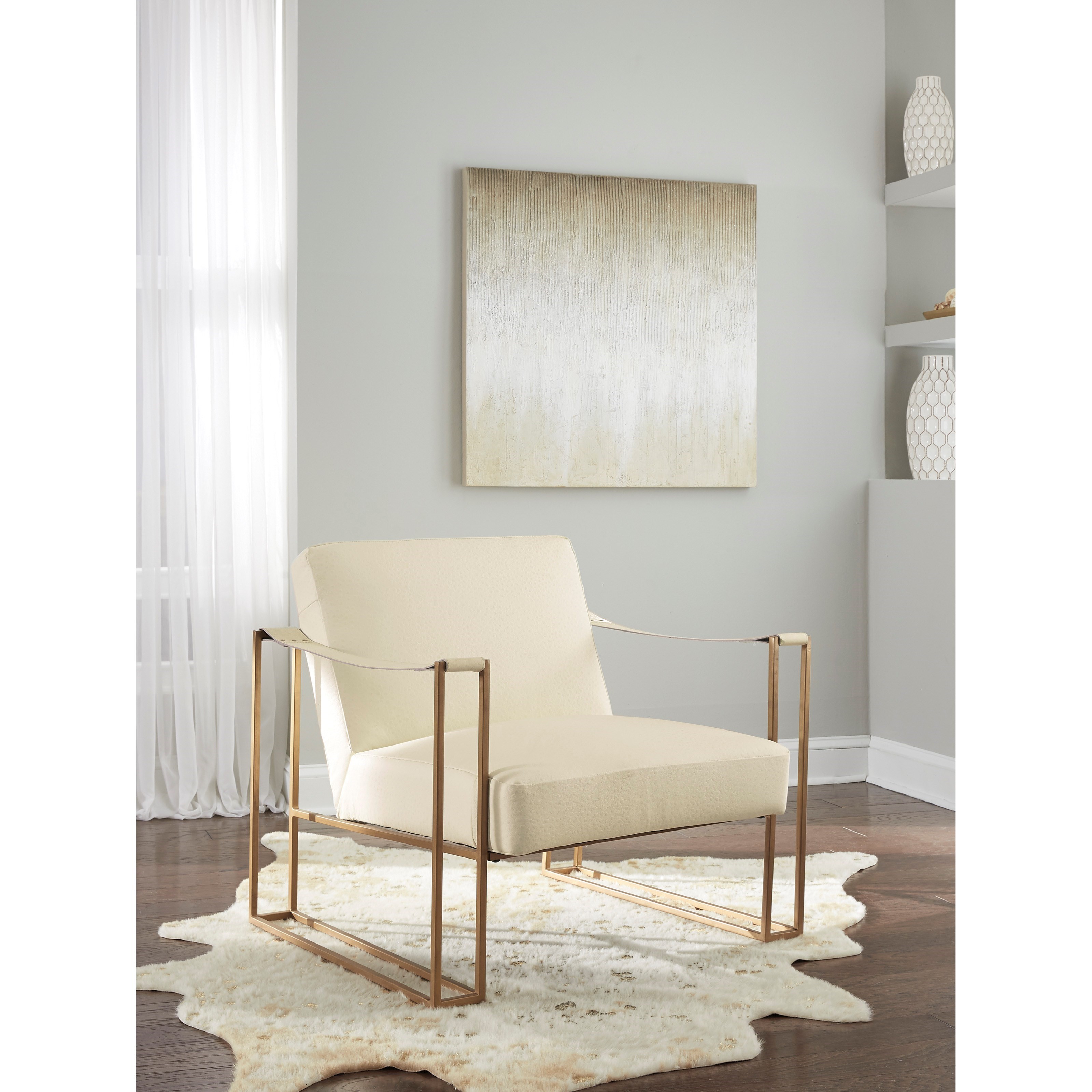 Ashley Furniture Signature Design Kleemore A3000213 Gold Finish Metal Accent Chair in Cream Embossed Leather Del Sol Furniture Upholstered Chairs